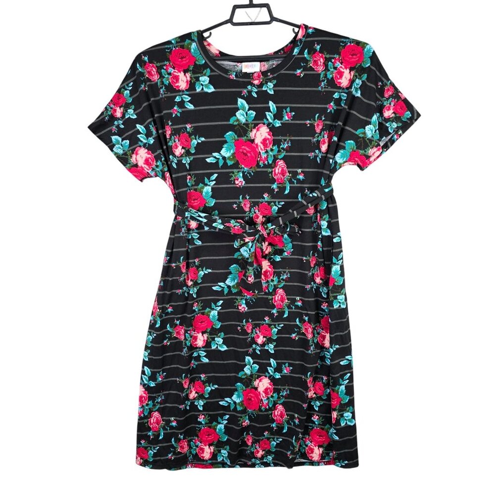 Womens LuLaRoe Black Red Green Floral Striped Dress Short Sleeve Belted Size 2XL
